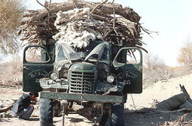 
Chemins vers l'Orient, Chine. Désert du Taklamakan, vallée de la rivière Késiya, camion de livra...