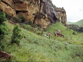 
Des peintures rupestres d'Afrique australe. Afrique du Sud. Drakensberg : entrée du site protégé...